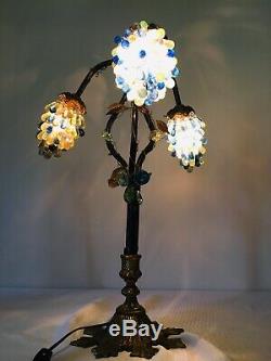 Gorgeous ART NOUVEAU LAMP 3 CZECH Glass GRAPE CLUSTER SHADES Antique Works