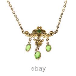 Gorgeous Antique Czech Art Nouveau Green Glass Lavalier Necklace