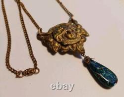 Gorgeous Art Nouveau Czech Glass Necklace Filigree Mucha Ladies Face, Long Chain