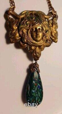 Gorgeous Art Nouveau Czech Glass Necklace Filigree Mucha Ladies Face, Long Chain