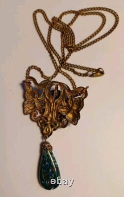 Gorgeous Art Nouveau Czech Glass Necklace Filigree Mucha Ladies Face, Long Chain
