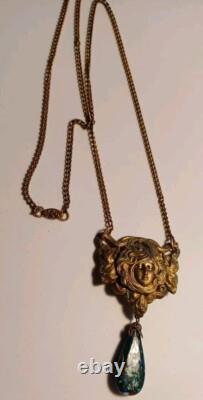 Gorgeous Art Nouveau Czech Glass Necklace Filigree Mucha Ladies Face, Long Chain