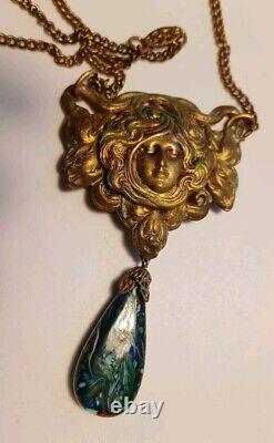 Gorgeous Art Nouveau Czech Glass Necklace Filigree Mucha Ladies Face, Long Chain