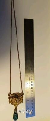 Gorgeous Art Nouveau Czech Glass Necklace Filigree Mucha Ladies Face, Long Chain