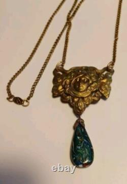 Gorgeous Art Nouveau Czech Glass Necklace Filigree Mucha Ladies Face, Long Chain
