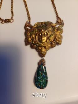 Gorgeous Art Nouveau Czech Glass Necklace Filigree Mucha Ladies Face, Long Chain