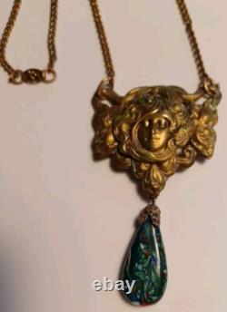 Gorgeous Art Nouveau Czech Glass Necklace Filigree Mucha Ladies Face, Long Chain