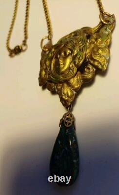 Gorgeous Art Nouveau Czech Glass Necklace Filigree Mucha Ladies Face, Long Chain