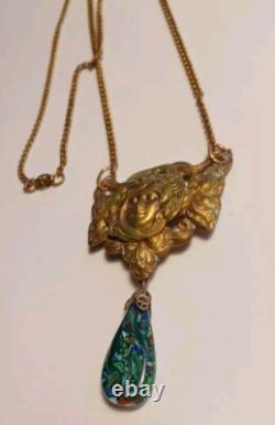 Gorgeous Art Nouveau Czech Glass Necklace Filigree Mucha Ladies Face, Long Chain