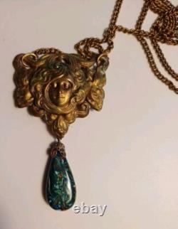 Gorgeous Art Nouveau Czech Glass Necklace Filigree Mucha Ladies Face, Long Chain