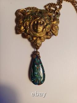 Gorgeous Art Nouveau Czech Glass Necklace Filigree Mucha Ladies Face, Long Chain