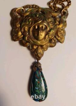 Gorgeous Art Nouveau Czech Glass Necklace Filigree Mucha Ladies Face, Long Chain