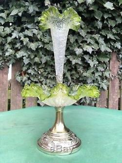 Gorgeous Art Nouveau Silver Plate Green Crackle Glass Epergne Rare