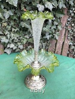 Gorgeous Art Nouveau Silver Plate Green Crackle Glass Epergne Rare