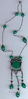 Gorgeous Fancy Vintage Art Deco Chrysoprase Like Green Glass Dangle Necklace