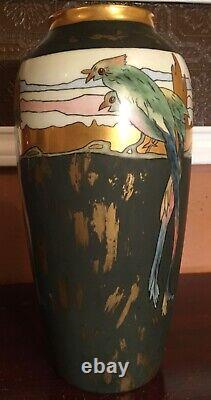 Gorgeous & Large 12 1/2 by 6 Limoges Vase Birds & Gold Marked B & Co France