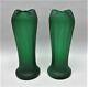 Gorgeous Pair Of Kralik Art Nouveau Emerald Green Glass Vases C. 1910 Antique