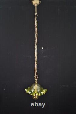 Gorgeous Vintage French Green Tipped Art Nouveau Style Brass Pendant Light
