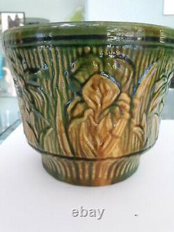 Gorgeous Vintage Green & Yellow Weller Majolica Jardiniere Planter Flower Pot