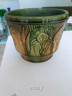 Gorgeous Vintage Green & Yellow Weller Majolica Jardiniere Planter Flower Pot