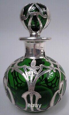 Gorham Perfume D944 Art Nouveau Bottle American Green Glass Silver Overlay