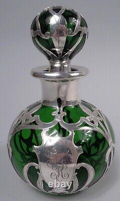 Gorham Perfume D944 Art Nouveau Bottle American Green Glass Silver Overlay