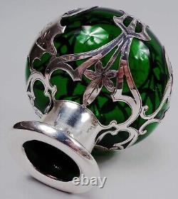 Gorham Perfume D944 Art Nouveau Bottle American Green Glass Silver Overlay