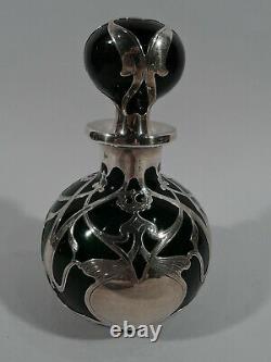 Gorham Perfume D946 Art Nouveau Bottle American Green Glass Silver Overlay