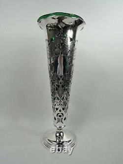 Gorham Vase 155A Antique Art Nouveau Tall American Sterling Silver Green Glass