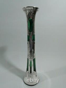 Gorham Vase D2290 Antique Art Nouveau Tall American Green Glass Silver Overlay