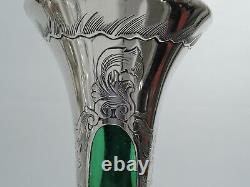 Gorham Vase D2290 Antique Art Nouveau Tall American Green Glass Silver Overlay