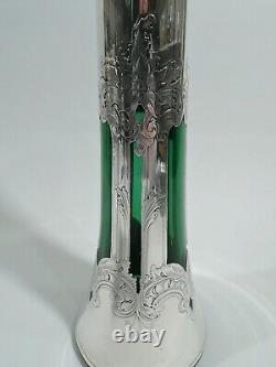 Gorham Vase D2290 Antique Art Nouveau Tall American Green Glass Silver Overlay