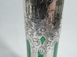 Gorham Vase D2290 Antique Art Nouveau Tall American Green Glass Silver Overlay