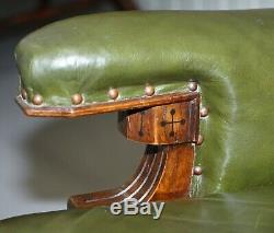 Gothic Revival Pugin Style Victorian Chesterfield Library Green Leather Armchair