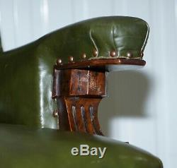 Gothic Revival Pugin Style Victorian Chesterfield Library Green Leather Armchair