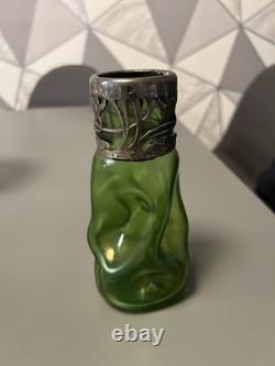 Great Czech Art Nouveau Loetz Green Lustre Glass with a Pewter Mount Vase Ex Con