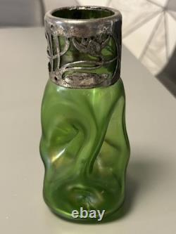 Great Czech Art Nouveau Loetz Green Lustre Glass with a Pewter Mount Vase Ex Con