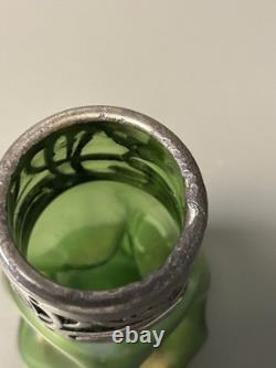Great Czech Art Nouveau Loetz Green Lustre Glass with a Pewter Mount Vase Ex Con