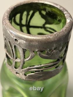 Great Czech Art Nouveau Loetz Green Lustre Glass with a Pewter Mount Vase Ex Con