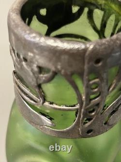 Great Czech Art Nouveau Loetz Green Lustre Glass with a Pewter Mount Vase Ex Con