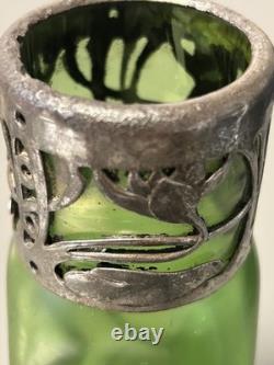 Great Czech Art Nouveau Loetz Green Lustre Glass with a Pewter Mount Vase Ex Con