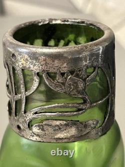 Great Czech Art Nouveau Loetz Green Lustre Glass with a Pewter Mount Vase Ex Con