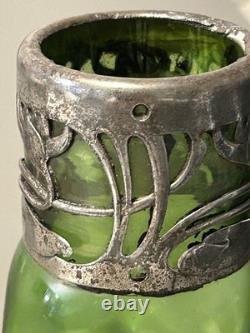 Great Czech Art Nouveau Loetz Green Lustre Glass with a Pewter Mount Vase Ex Con