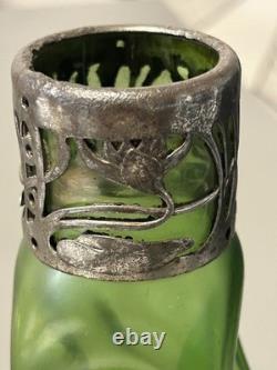 Great Czech Art Nouveau Loetz Green Lustre Glass with a Pewter Mount Vase Ex Con