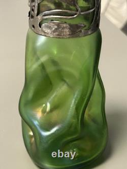 Great Czech Art Nouveau Loetz Green Lustre Glass with a Pewter Mount Vase Ex Con