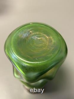 Great Czech Art Nouveau Loetz Green Lustre Glass with a Pewter Mount Vase Ex Con