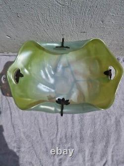 Green Antique Loetz Art Deco Glass Bowl Centerpiece with Spelter/Metal Stand