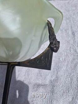 Green Antique Loetz Art Deco Glass Bowl Centerpiece with Spelter/Metal Stand