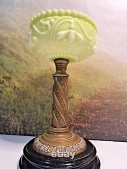 Green Antique Opaline Art Nouveau Oil Lamp Font with Brass & Stoneware Base