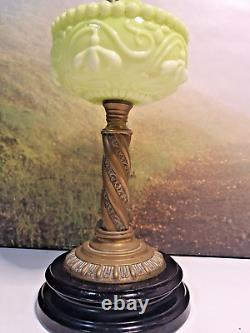 Green Antique Opaline Art Nouveau Oil Lamp Font with Brass & Stoneware Base
